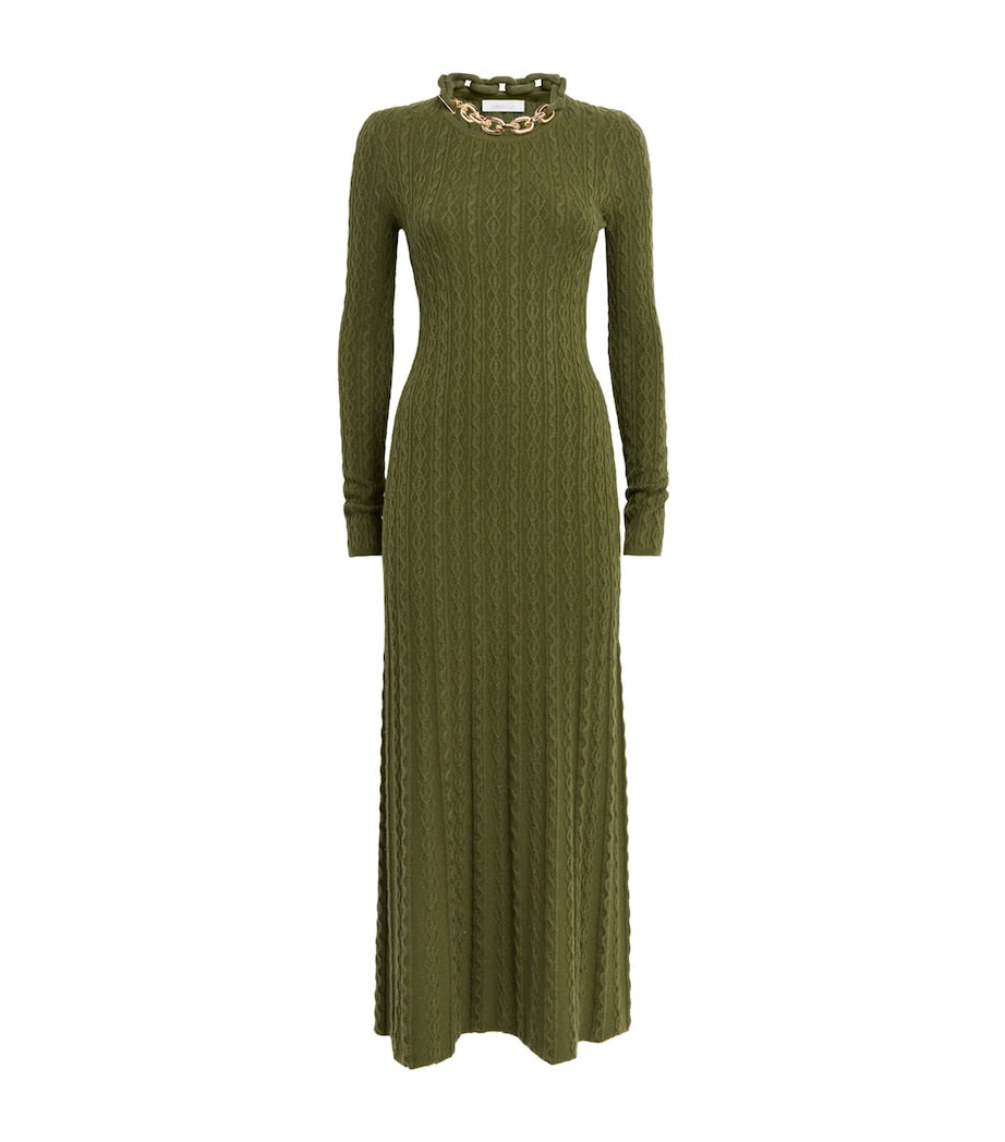 Paco Rabanne Green Wool-Blend Embellished Midi Dress