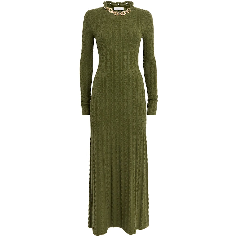 Paco Rabanne Green Wool-Blend Embellished Midi Dress