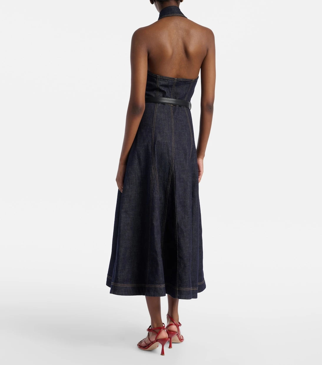 Self-Portrait - Halterneck denim midi dress