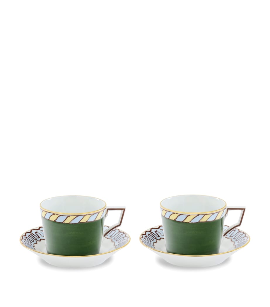 Set of 2 Porcelain Il Viaggio di Nettuno Teacups and Saucers