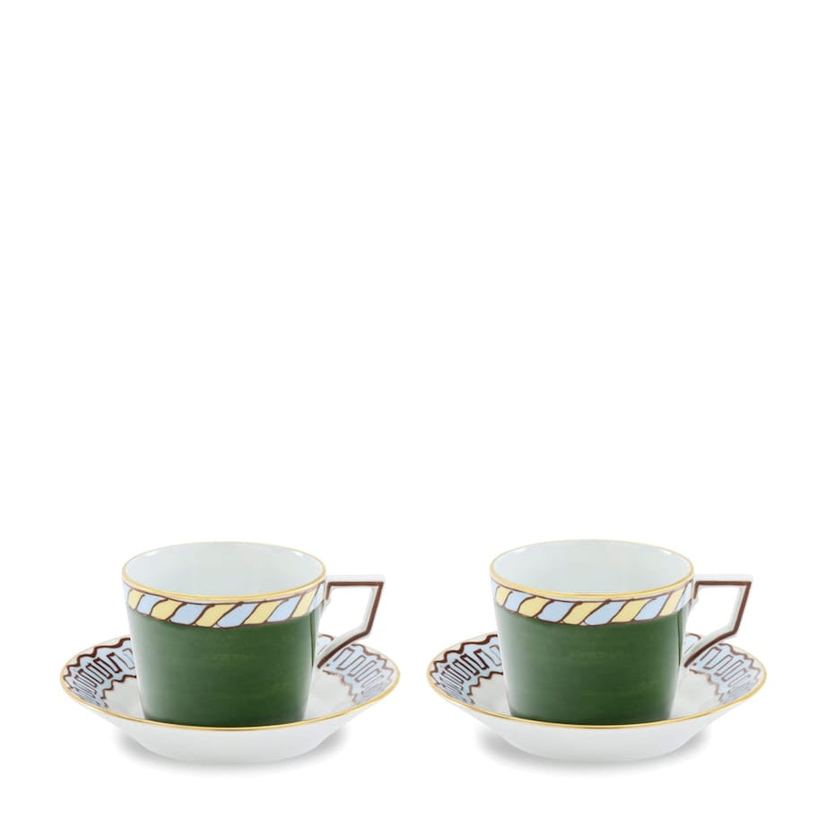 Set of 2 Porcelain Il Viaggio di Nettuno Teacups and Saucers