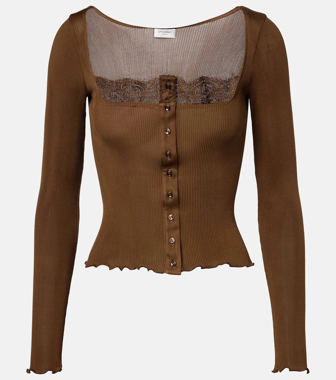 Saint Laurent - Lace-trimmed ribbed-knit silk jersey top