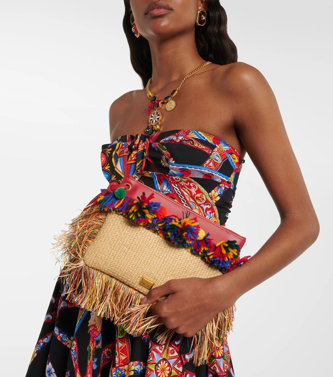 Dolce&Gabbana - Fringed woven leather-trimmed pouch