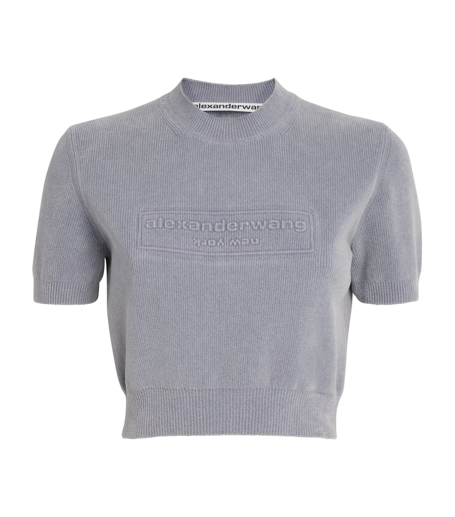 Grey Cotton-Blend Chenille Logo T-Shirt