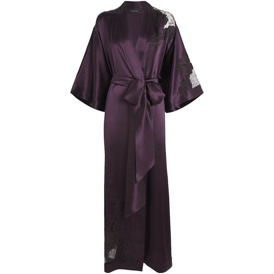 Carine Gilson Purple Silk Lace-Detail Long Robe