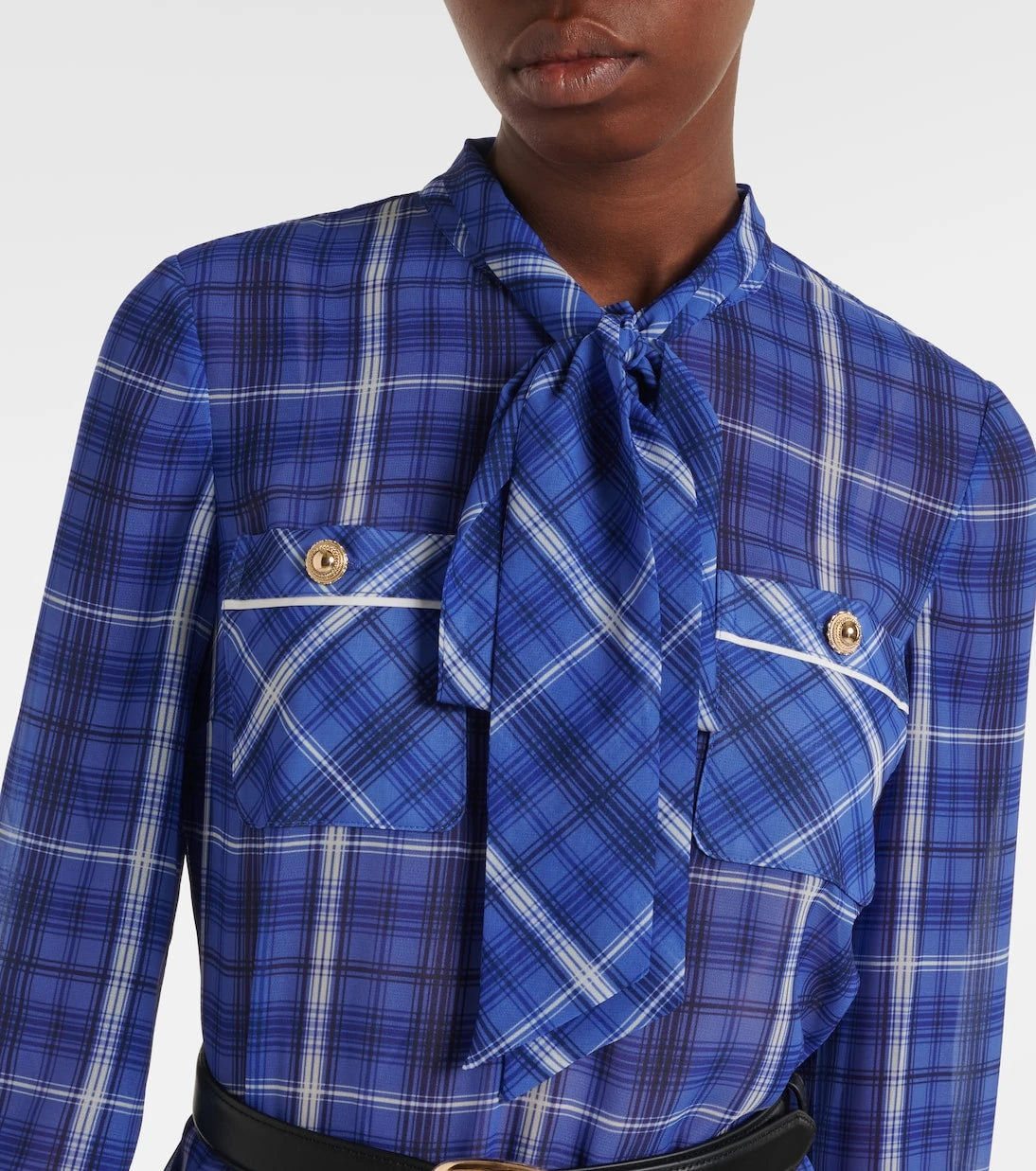 Self-Portrait - Belted checked chiffon midi dress