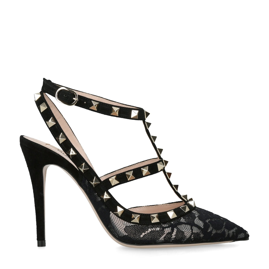 Valentino Garavani Black Lace Rockstud Pumps 100