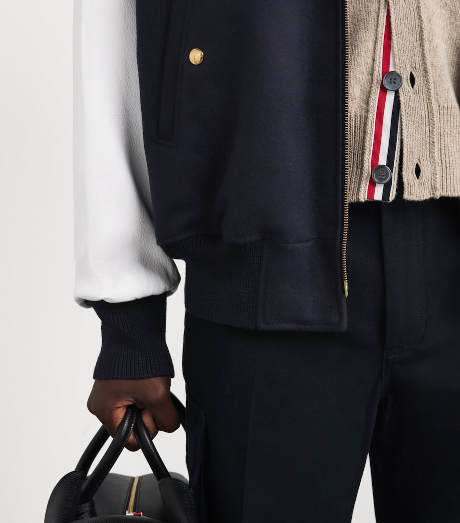 Thom Browne Navy Wool-Leather 4-Bar Oversized Bomber Jacket
