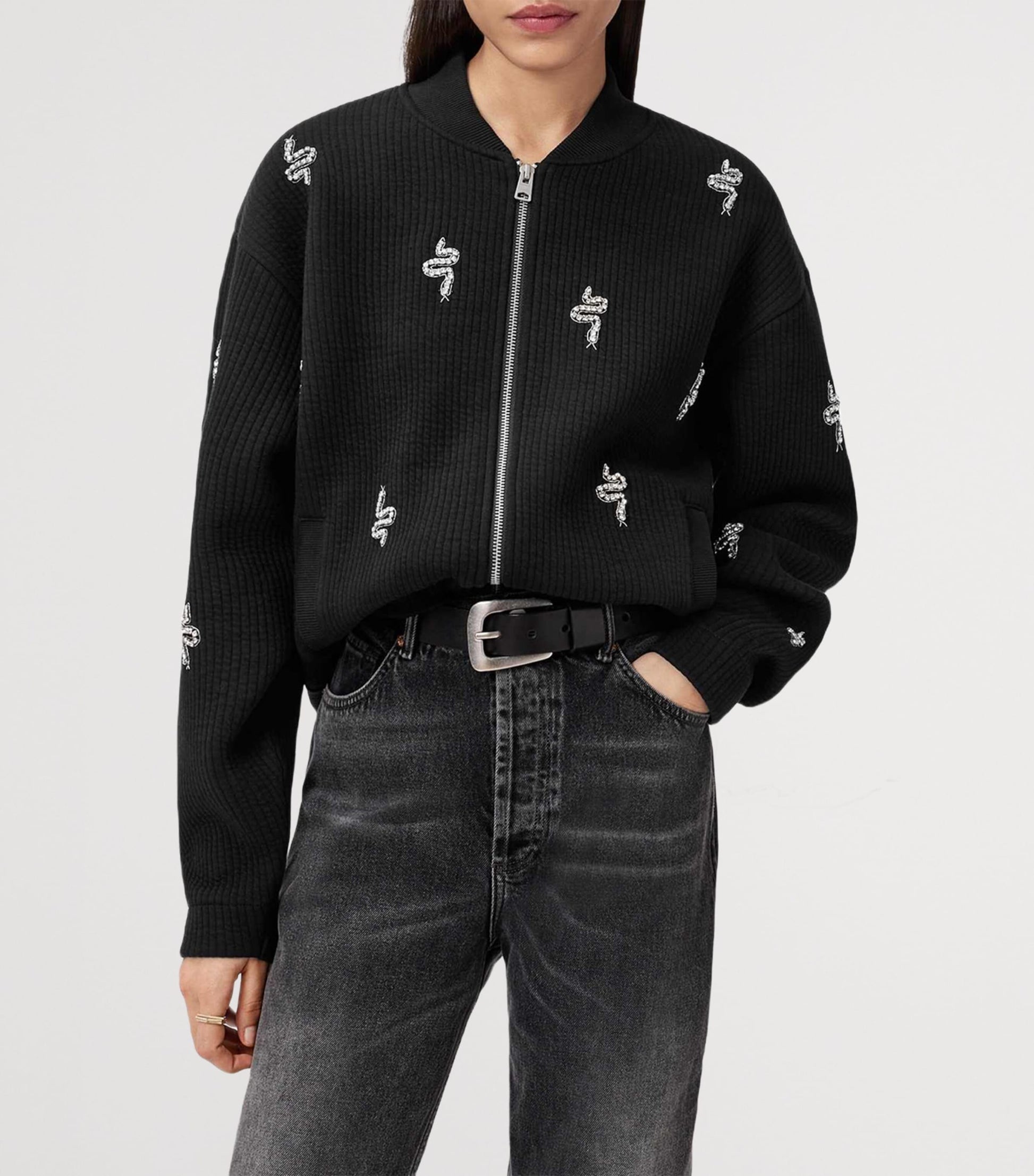 Black Embellished Rhea Bea Bomber Jacket
