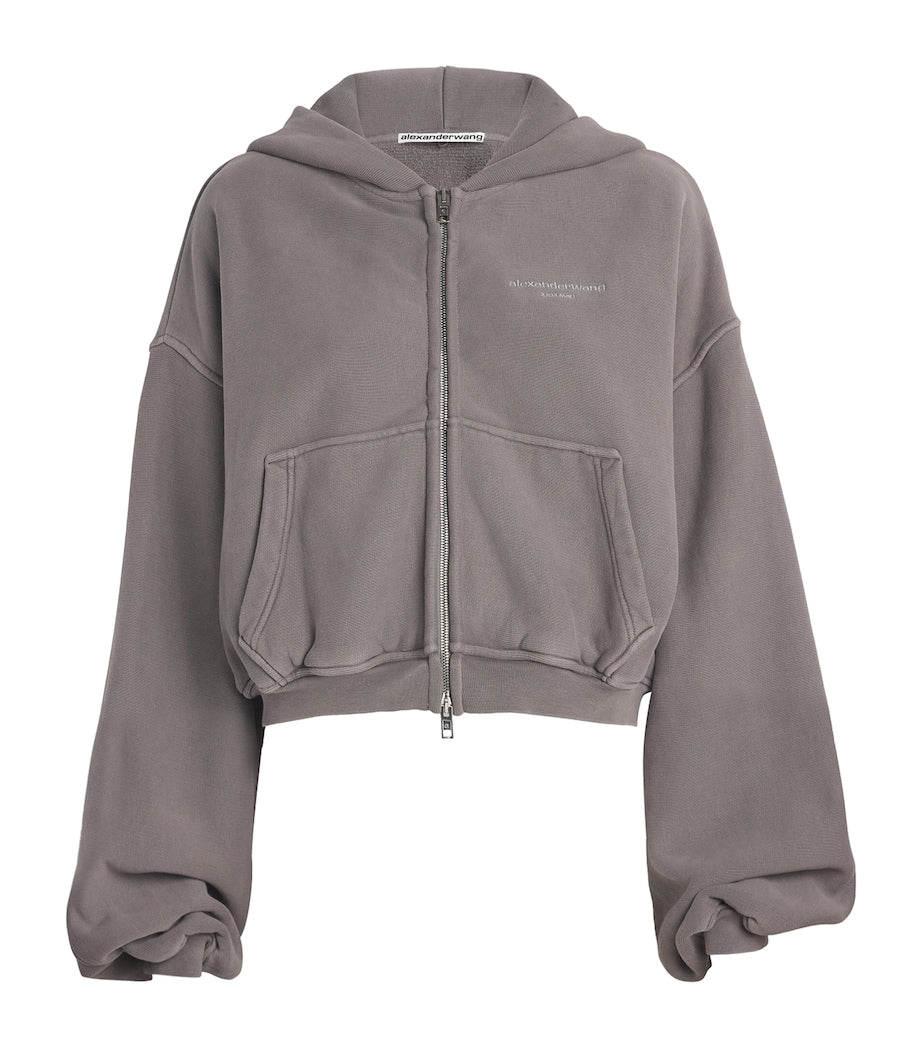 Alexander Wang Grey Stretch-Cotton Oversized Cropped Hoodie