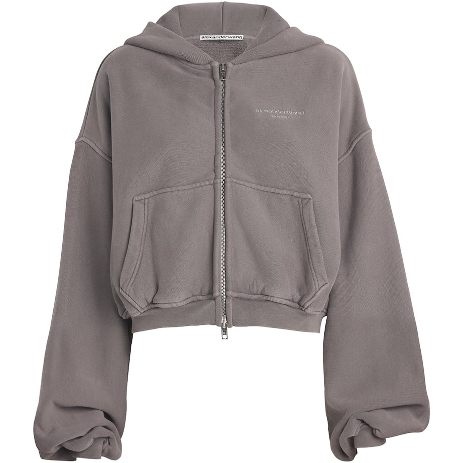 Alexander Wang Grey Stretch-Cotton Oversized Cropped Hoodie