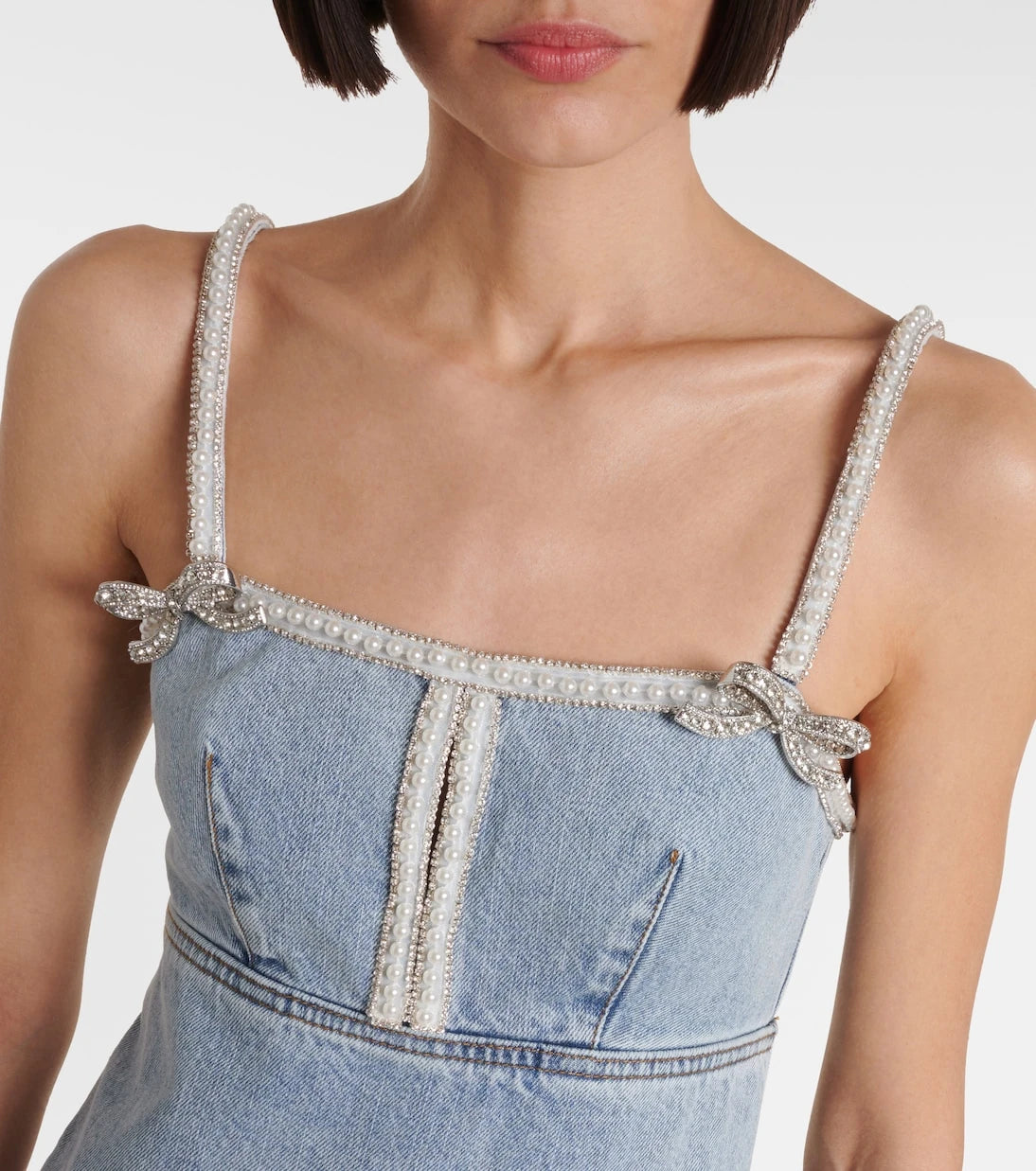 Self-Portrait - Embellished bow-detail denim minidress