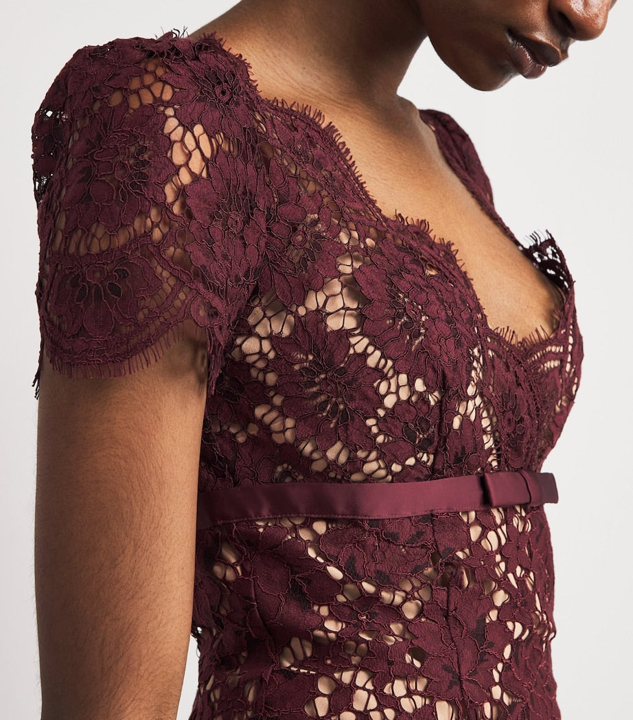 Self-Portrait Burgundy Guipure Lace V-Neck Midi Dress