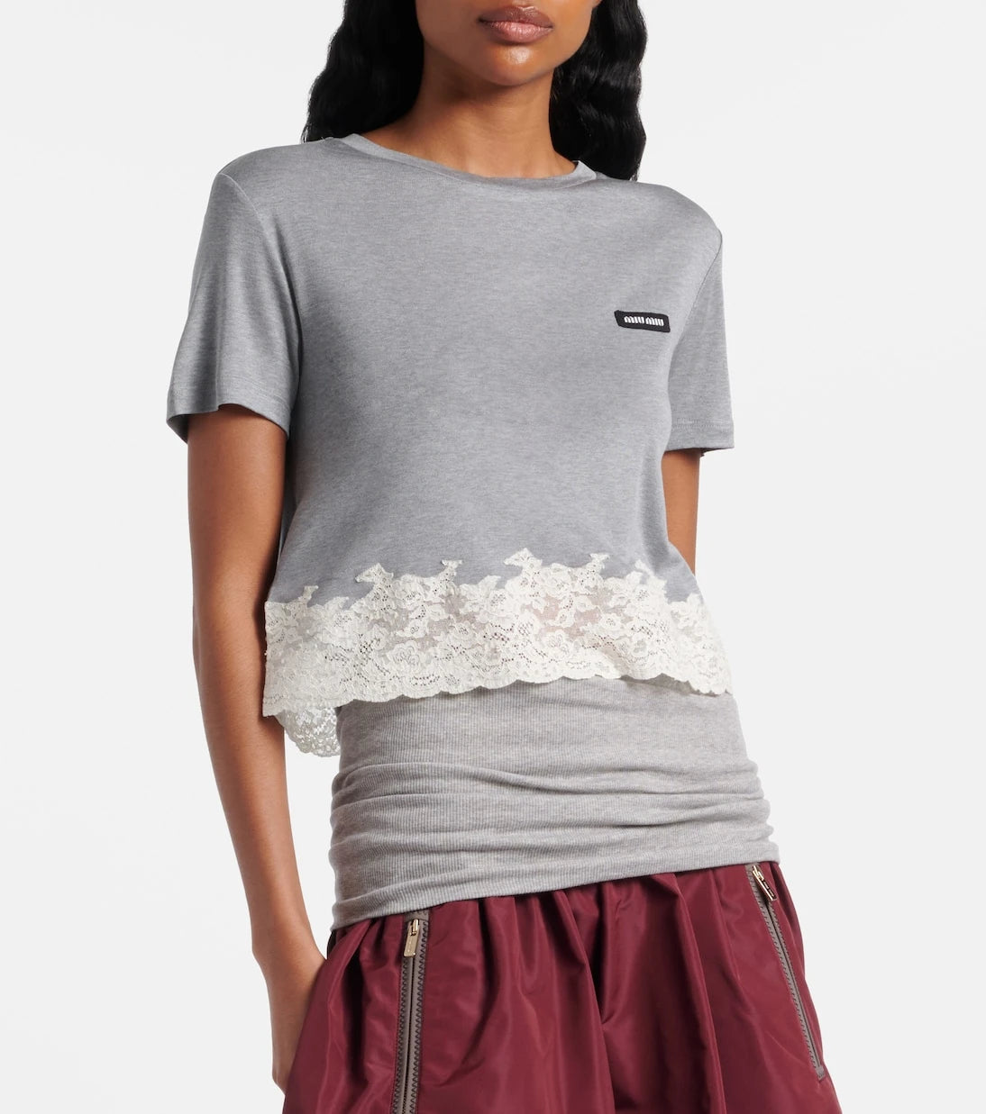 Miu Miu - Lace-trimmed silk jersey crop top