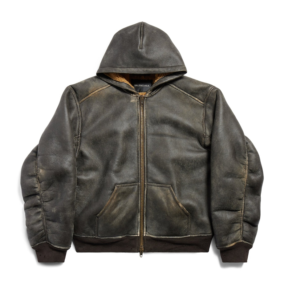 Brown Oversized Hooded Leather Jacket