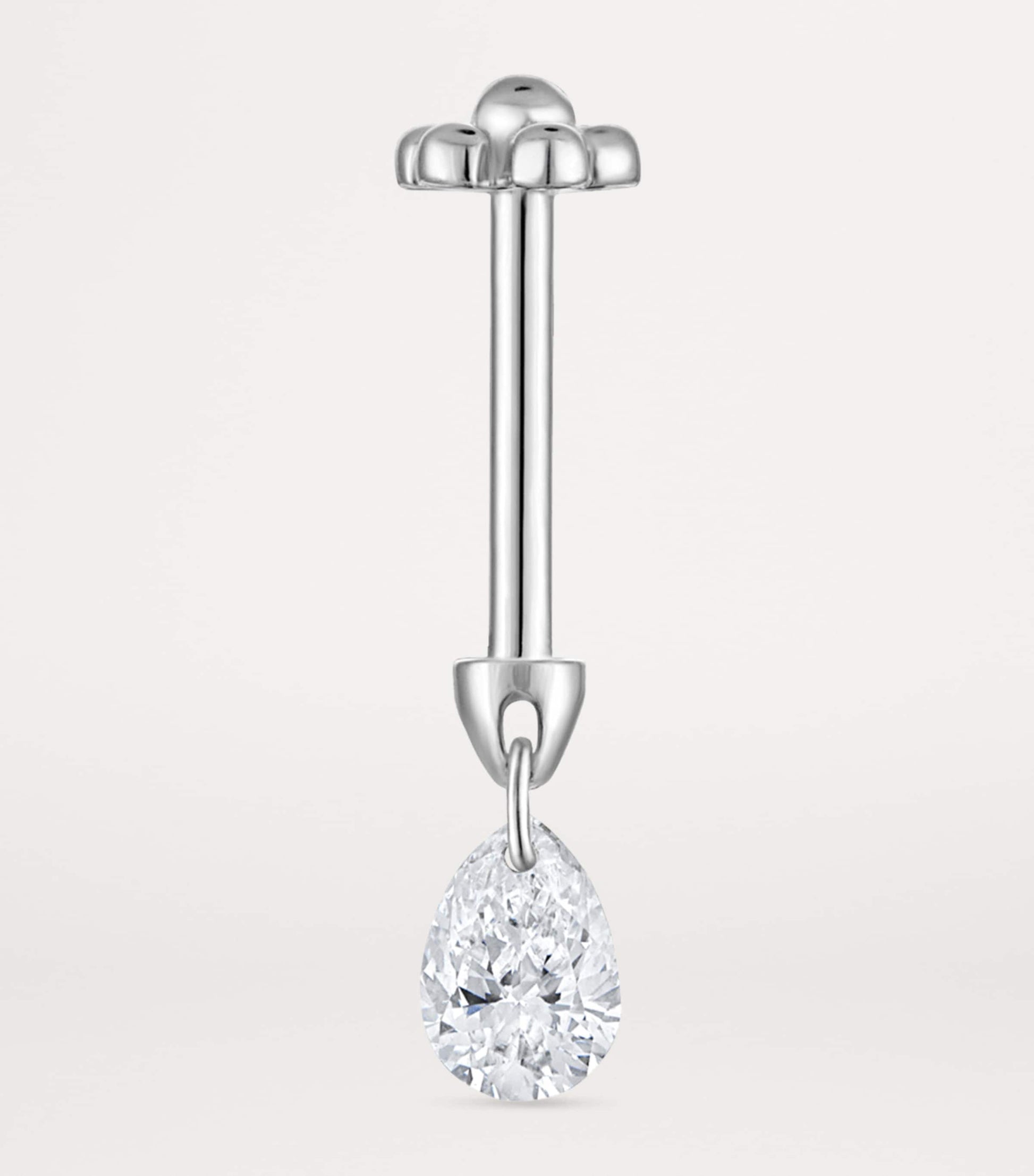 White Gold Floating Pear Diamond Charm Threaded Stud Earring (4mm)