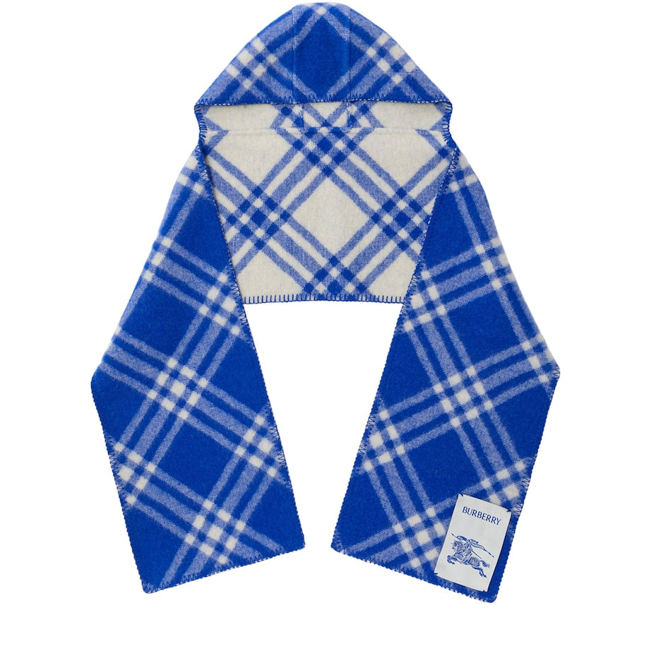 Blue Wool Check Hooded Scarf