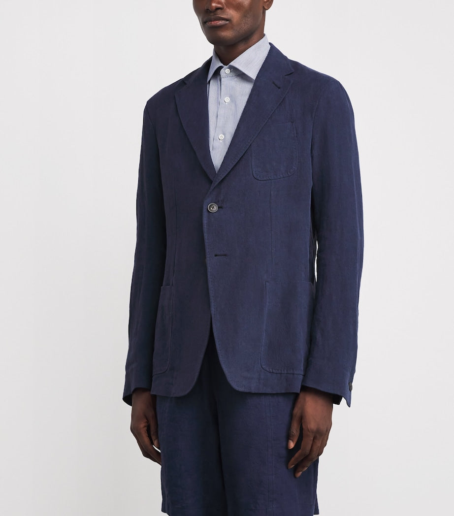 Emporio Armani Blue Linen Single-Breasted Blazer