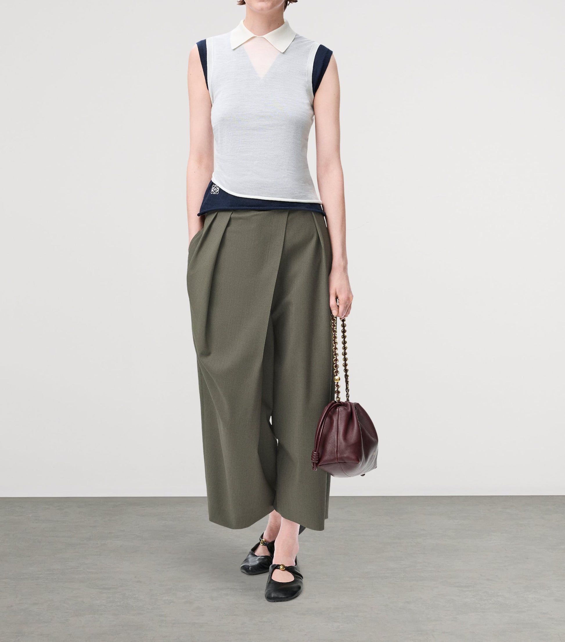 Green Wool Cropped Wrap Trousers