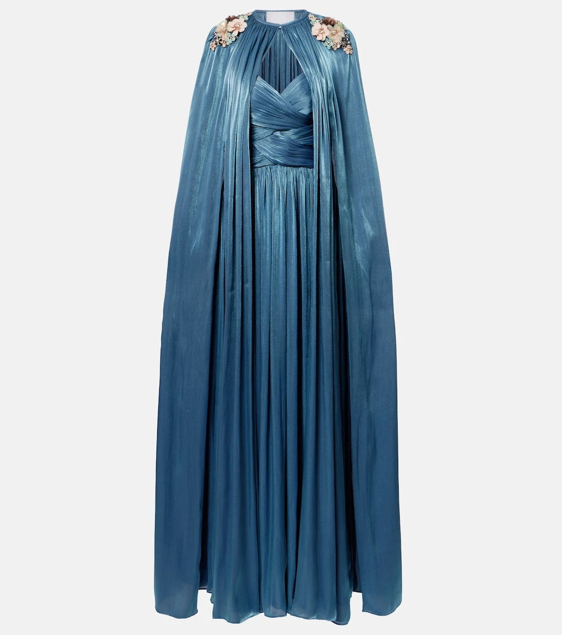 Costarellos - Embellished pleated caped bustier gown