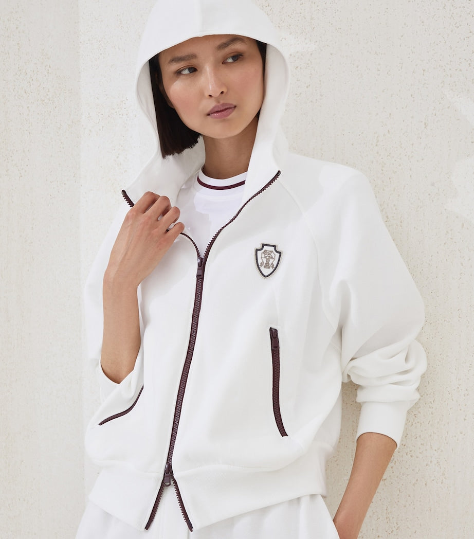 White Techno Cotton Piqué Zip-Up Hoodie
