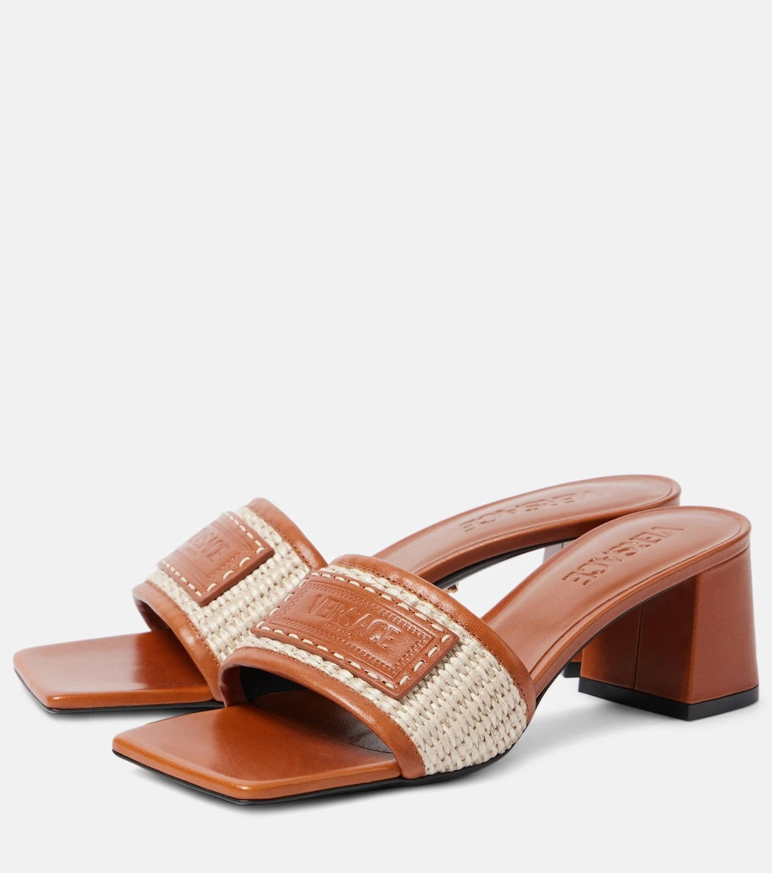 Versace - Theia Barocco deri şeritli rafya mule terlik