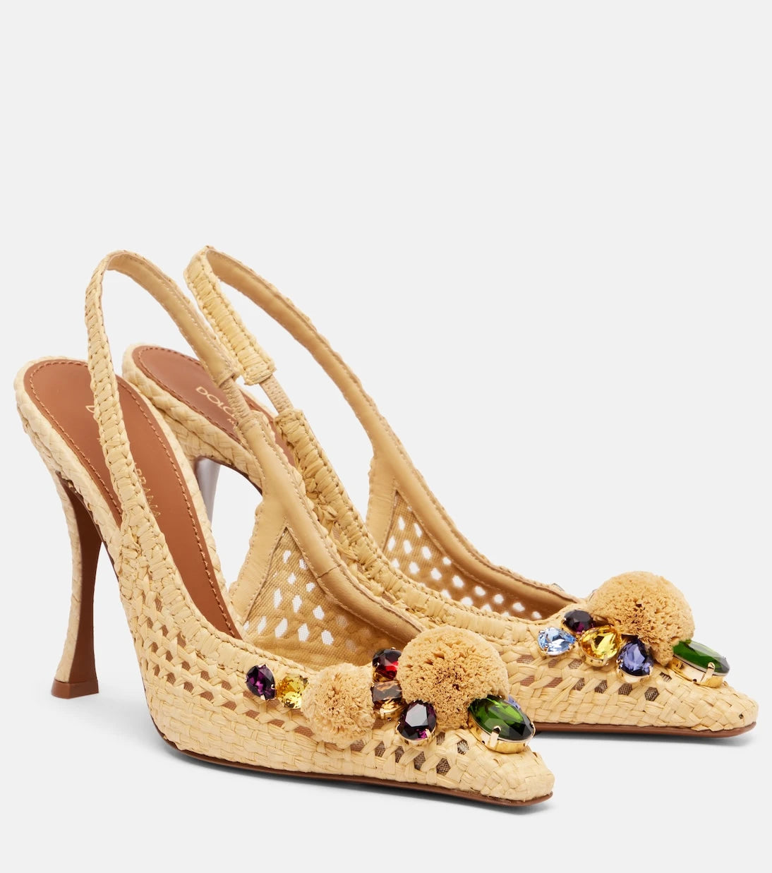 Dolce&Gabbana - Embellished raffia-effect slingback pumps