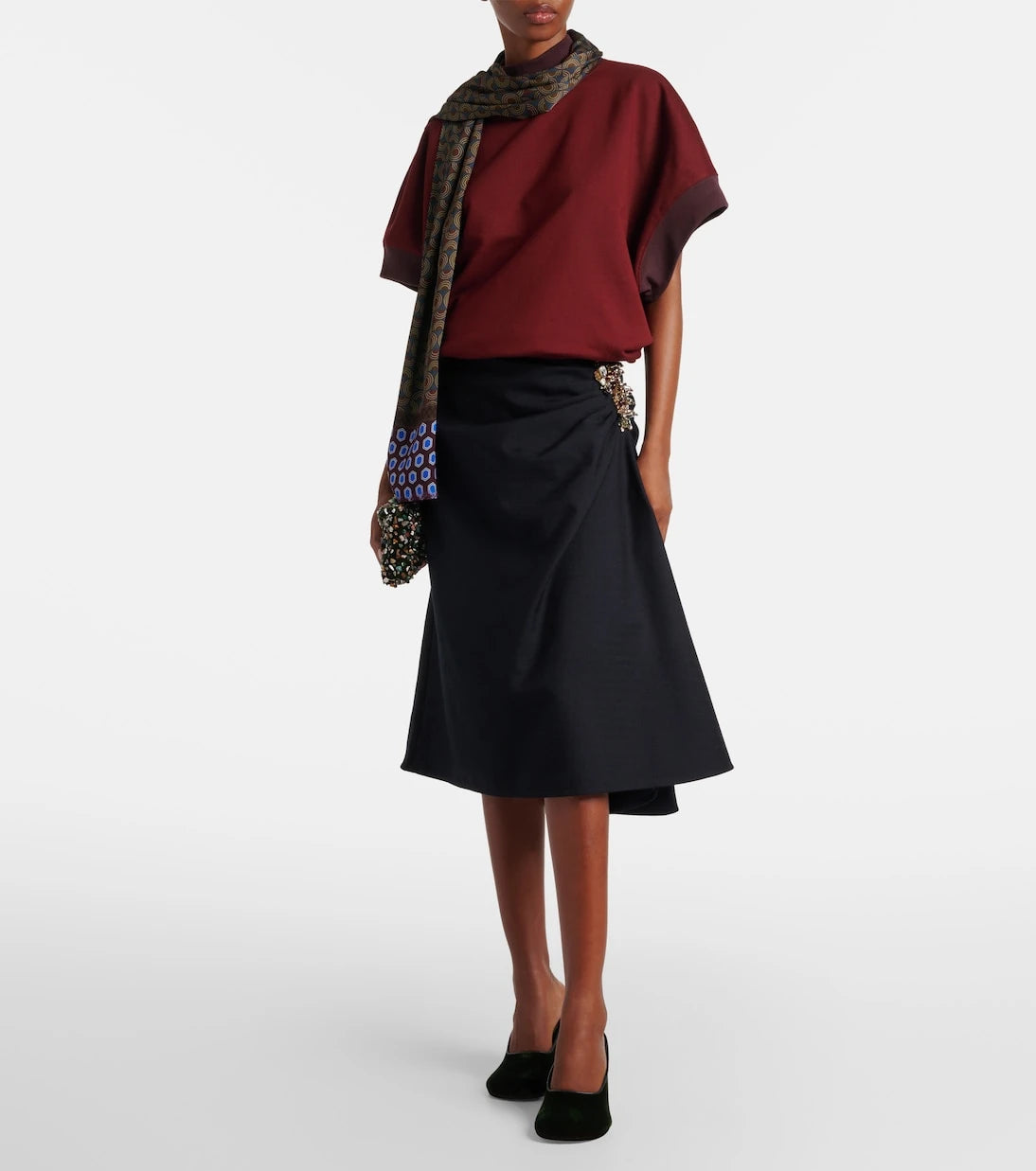 Dries Van Noten - تنورة متوسطة الطول من الصوف المزين بالثنيات