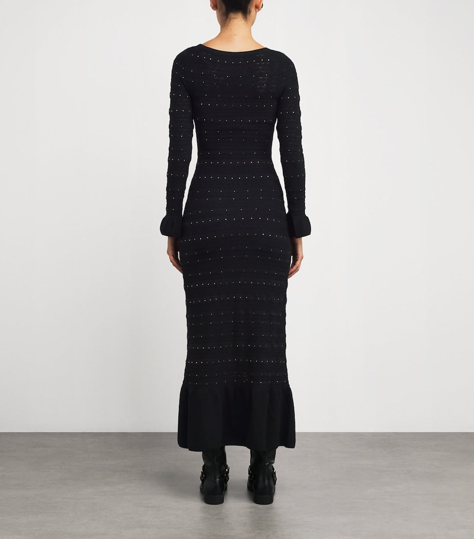 Rhinestone-Embellished Knitted Maxi Dress BLACK