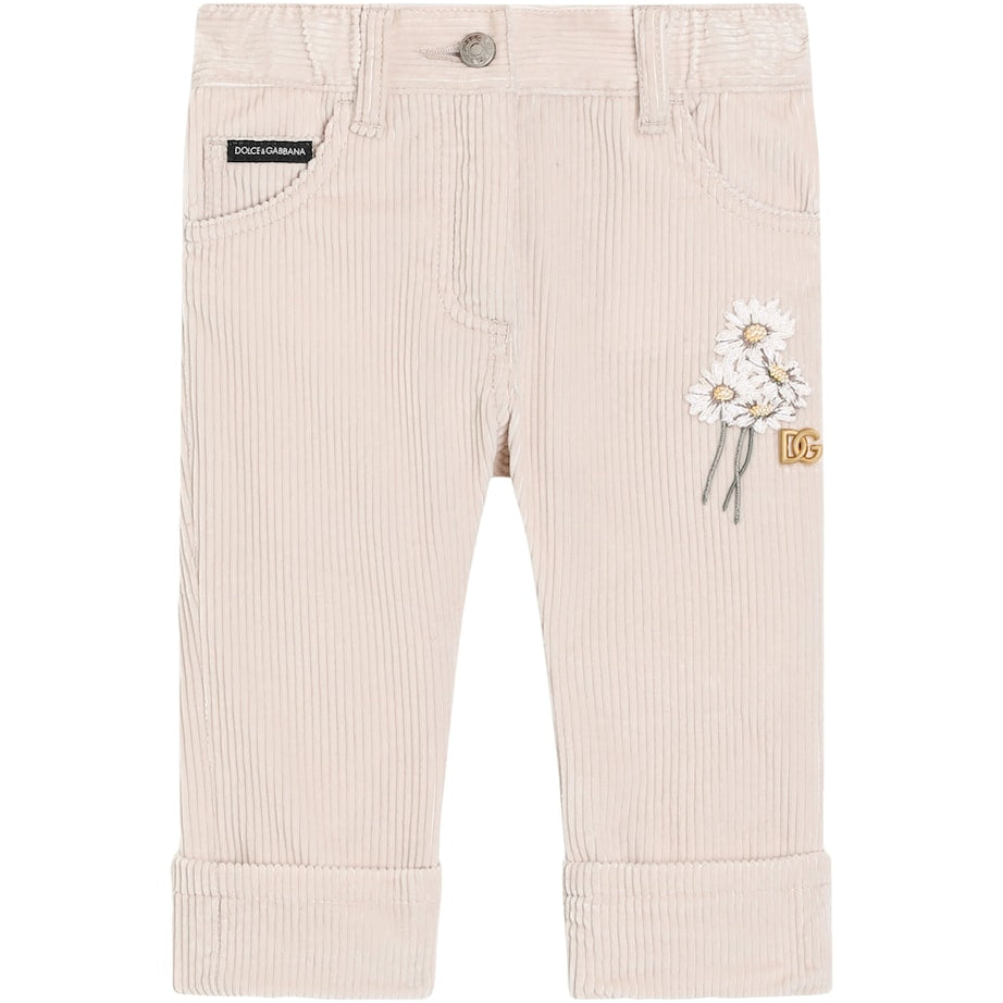 Dolce & Gabbana Kids Cotton Corduroy Floral Embroidered Trousers (3-36 Months)