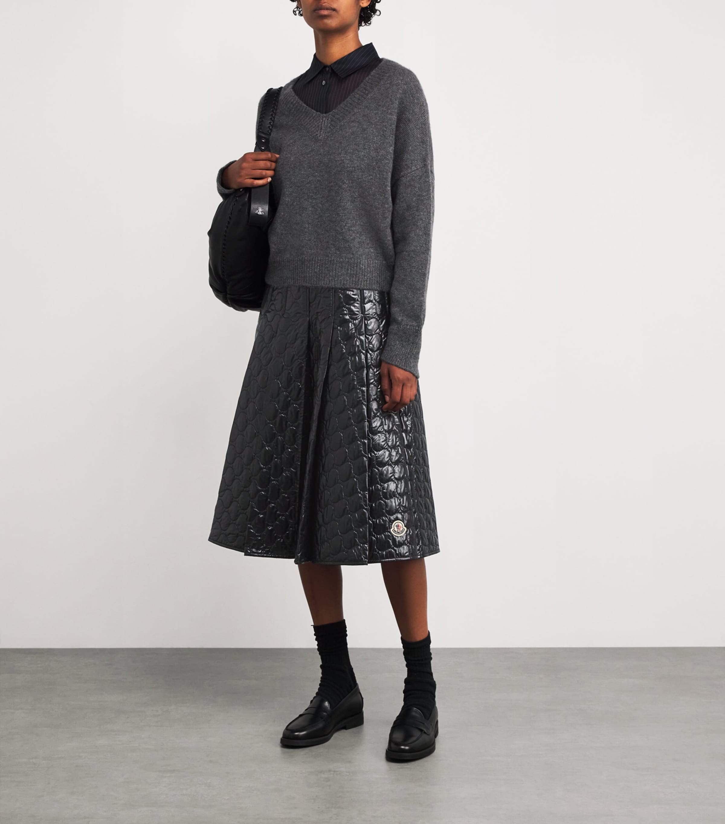 Black Microfiber Quilted Midi Skirt