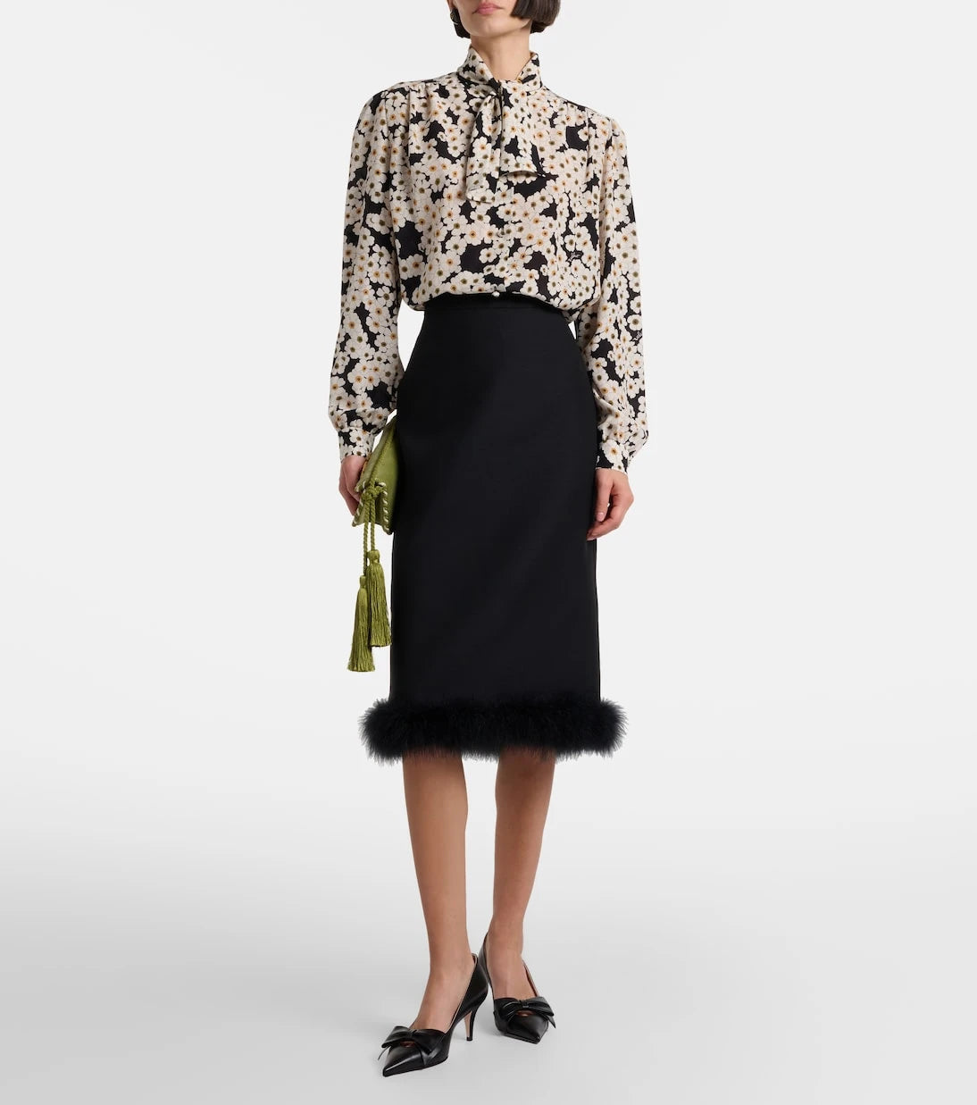 Valentino - Crepe Couture feather-trimmed midi skirt