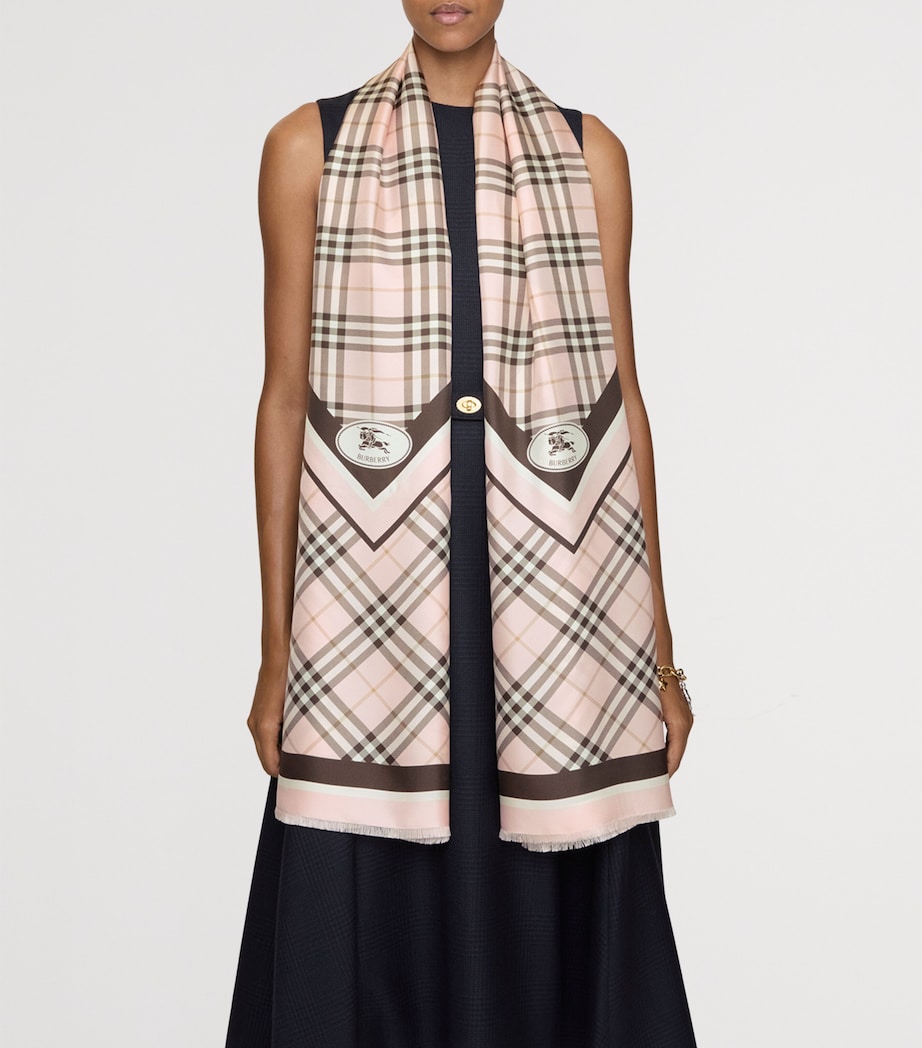 Burberry Pink Silk Check Knight Motif Scarf