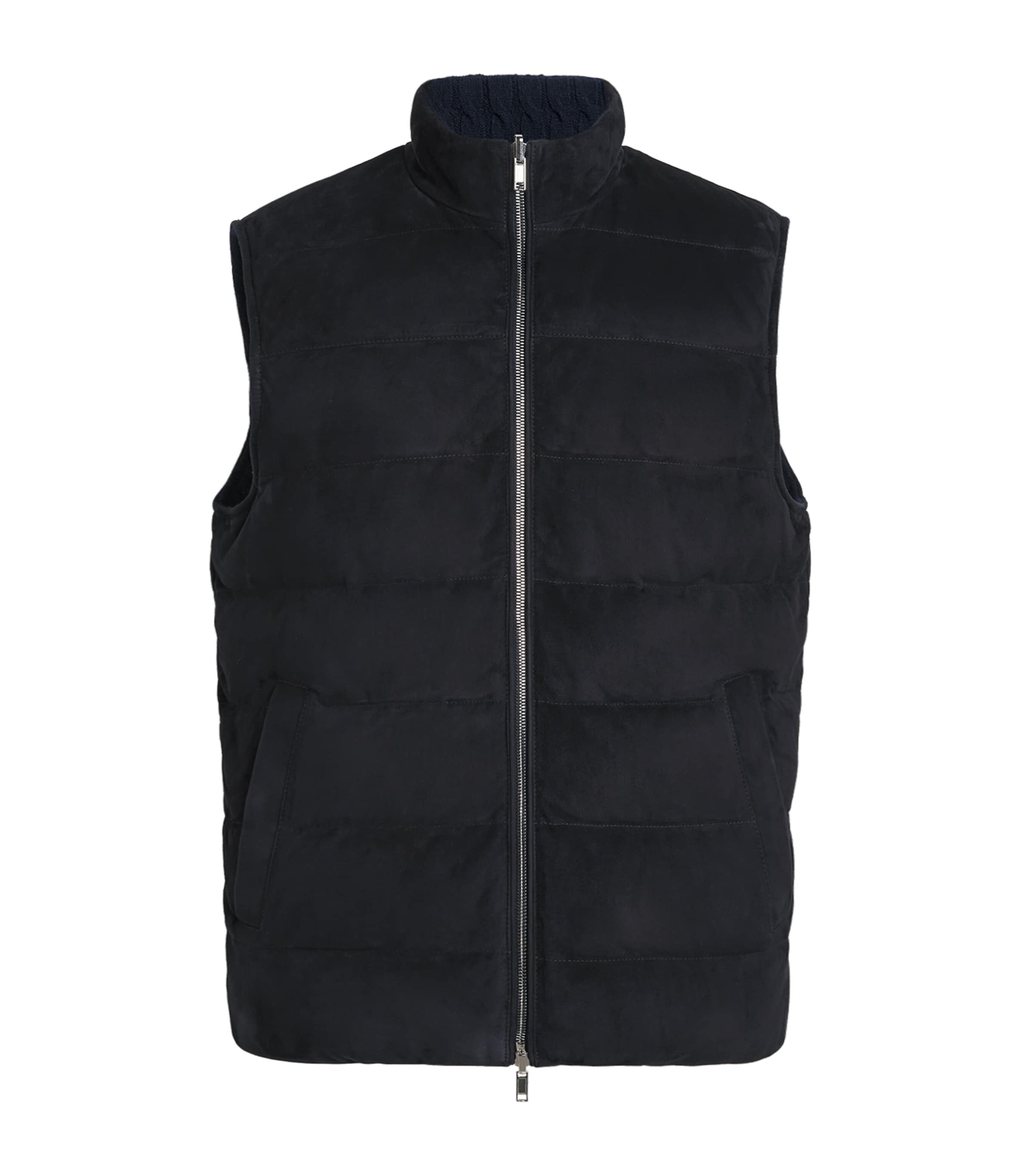Eleventy Blue Reversible Down Leather and Wool-Cashmere Gilet