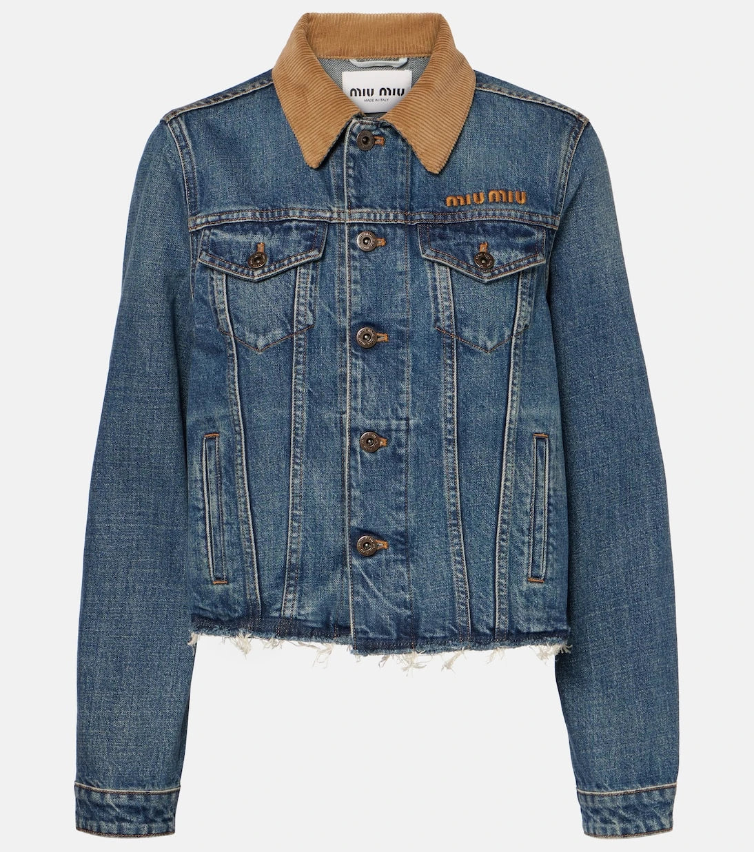 Miu Miu - Logo distressed corduroy-trimmed denim jacket