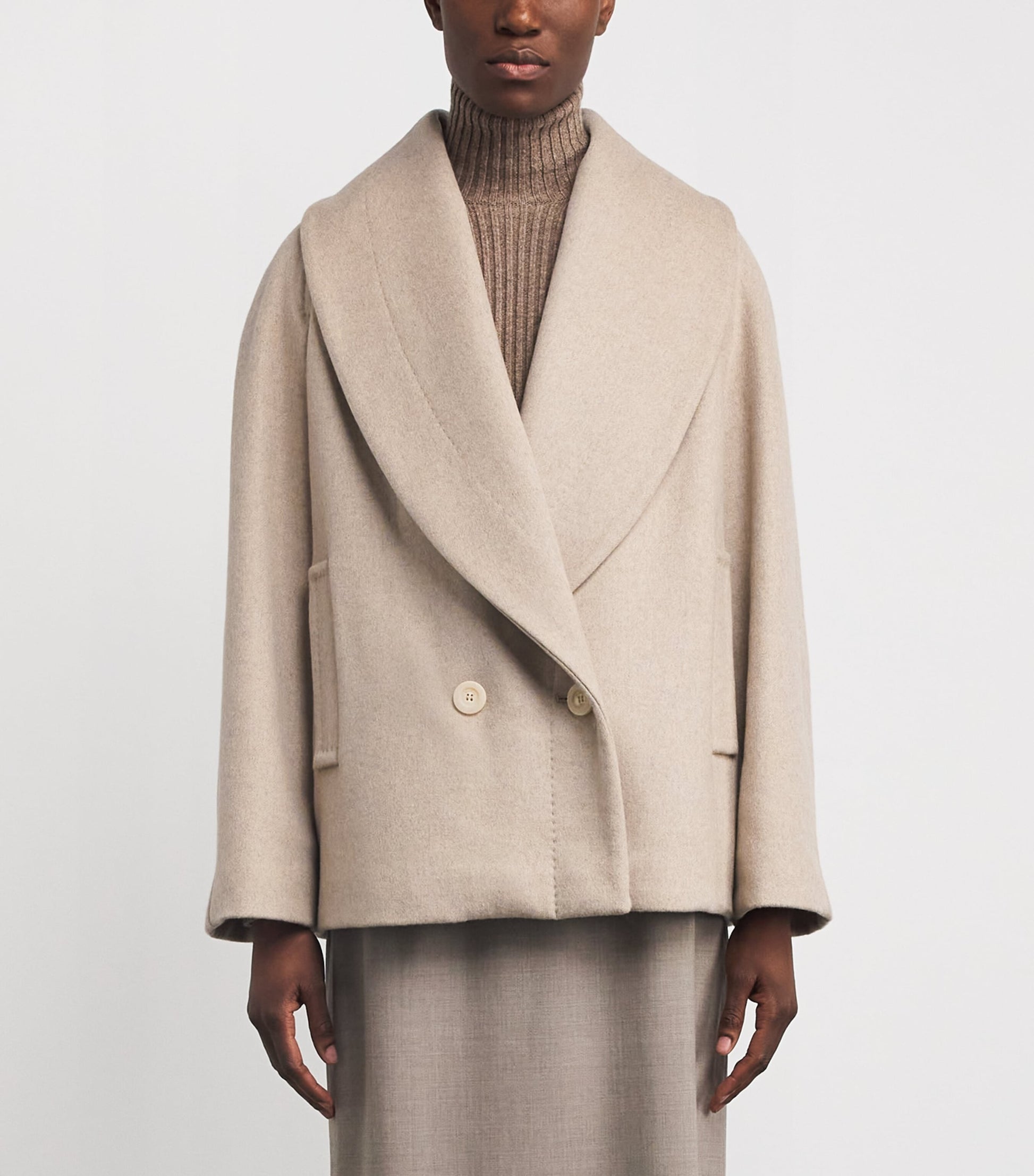 Max Mara Beige Wool Shawl-Collar Oversized Jacket