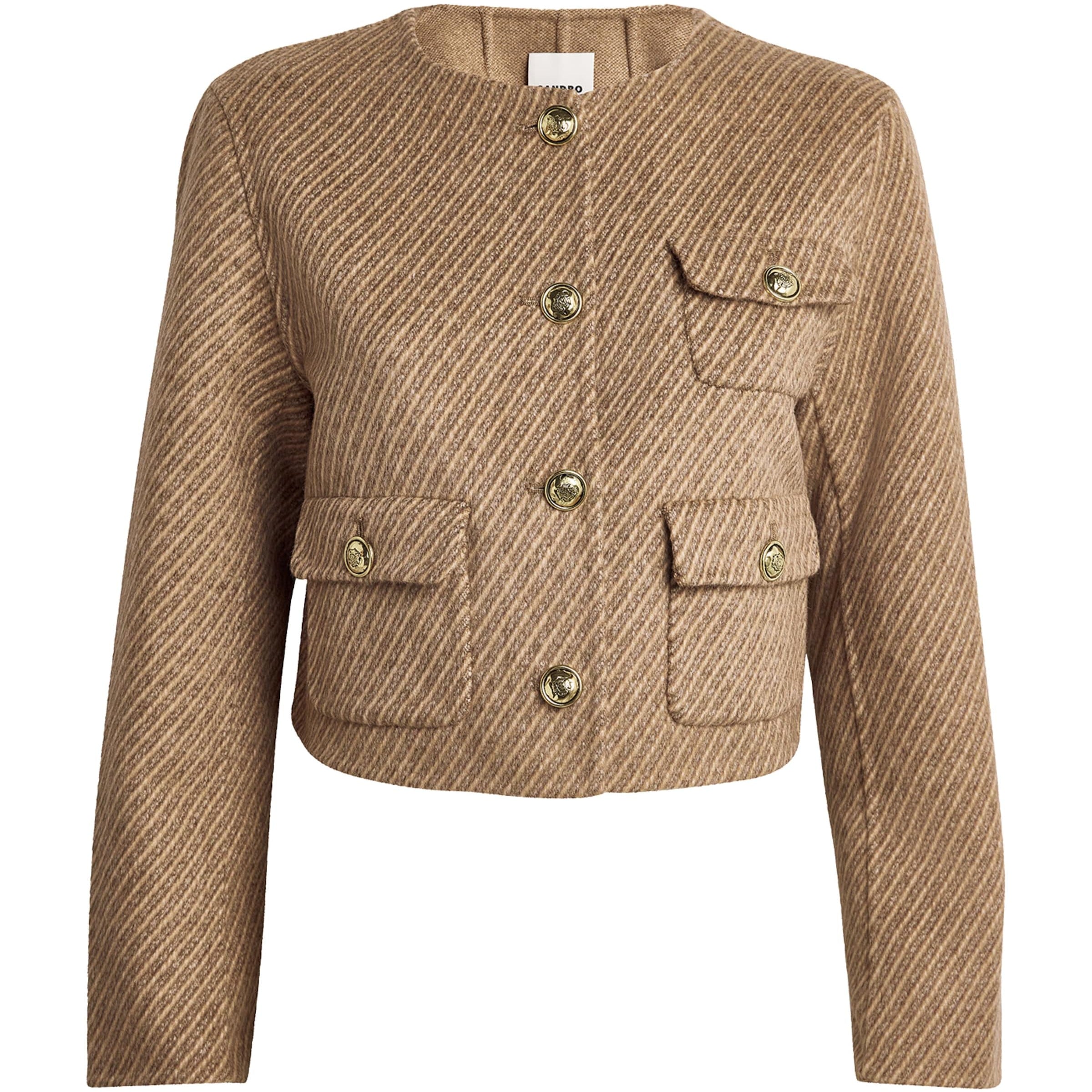 Sandro Paris Beige Wool-Blend Stripe Cropped Jacket