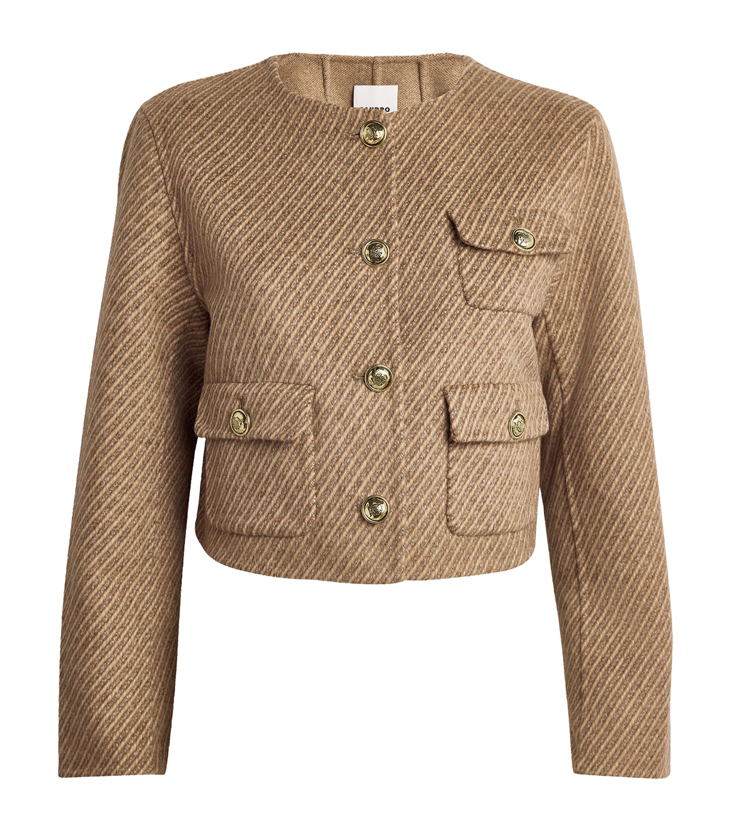 Sandro Paris Beige Wool-Blend Stripe Cropped Jacket