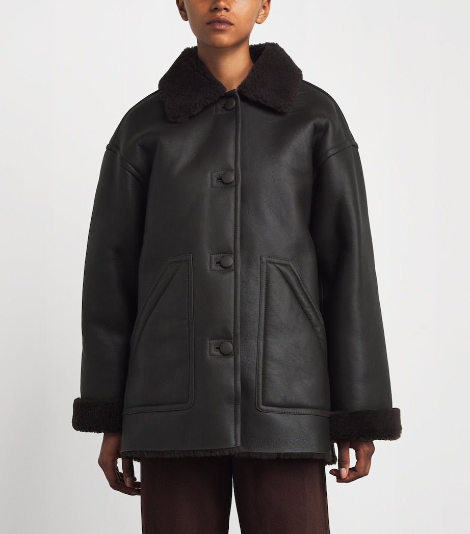 Sandro Paris Brown Shearling-Lined Leather Jacket