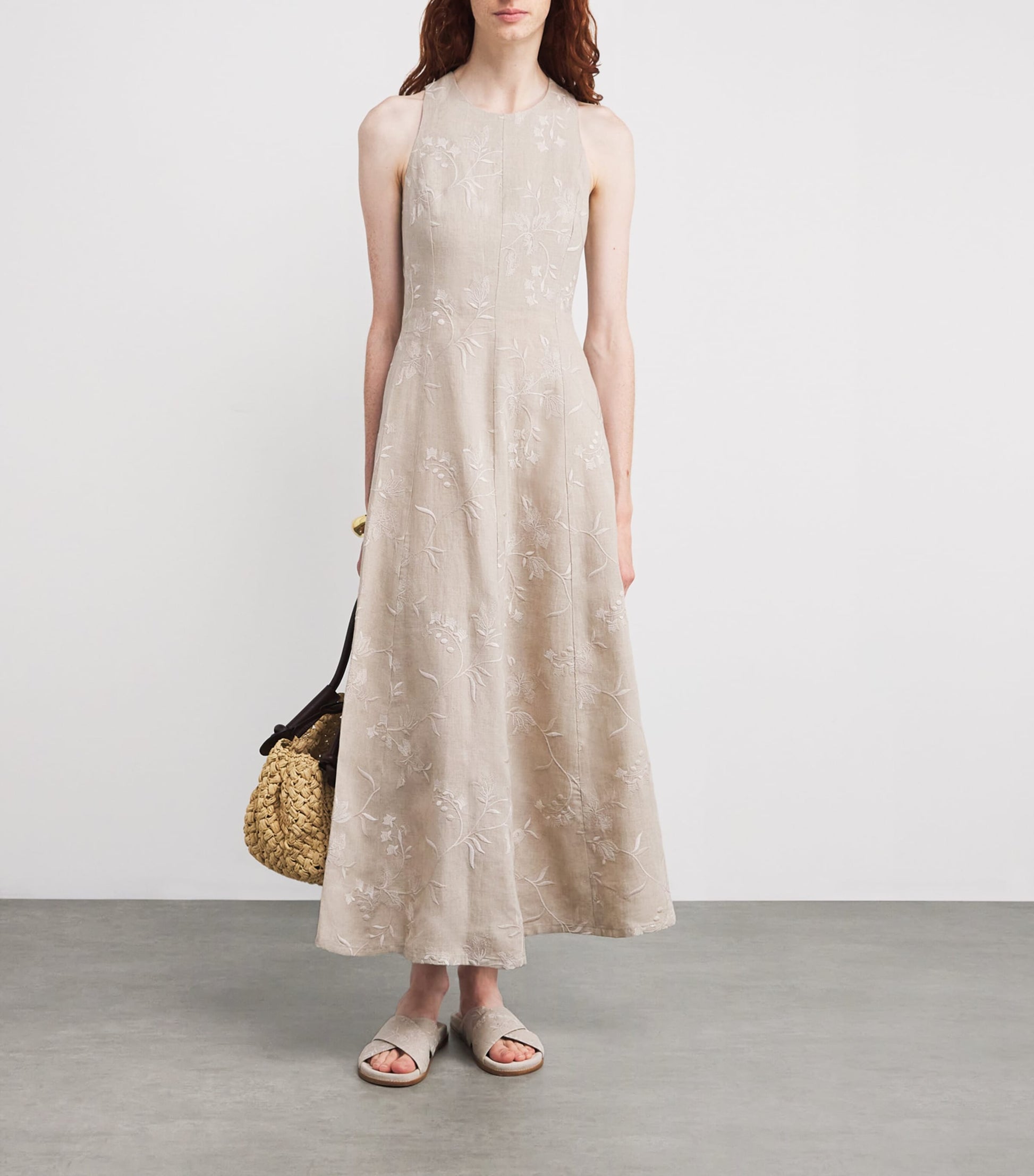 Eleventy Beige x Harrods Linen Floral-Embroidered Dress