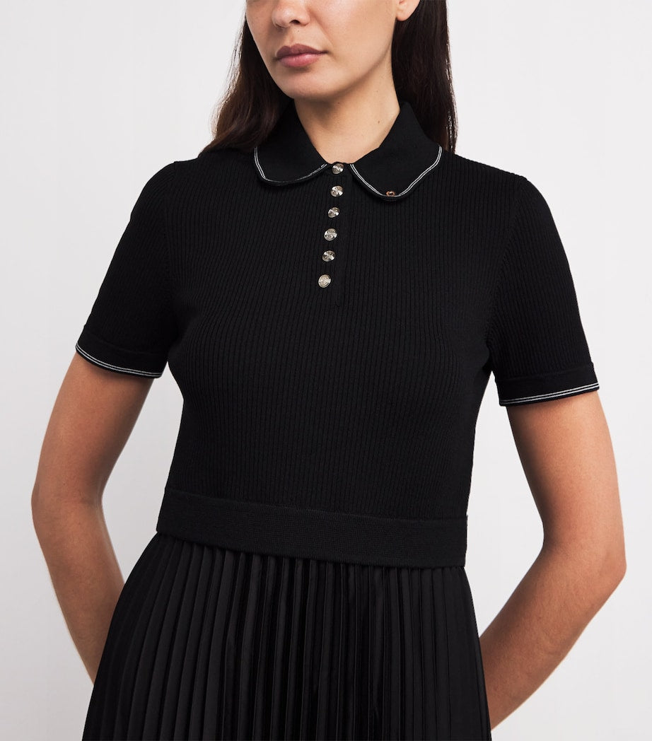 Maje Black Pleated-Skirt Polo Midi Dress