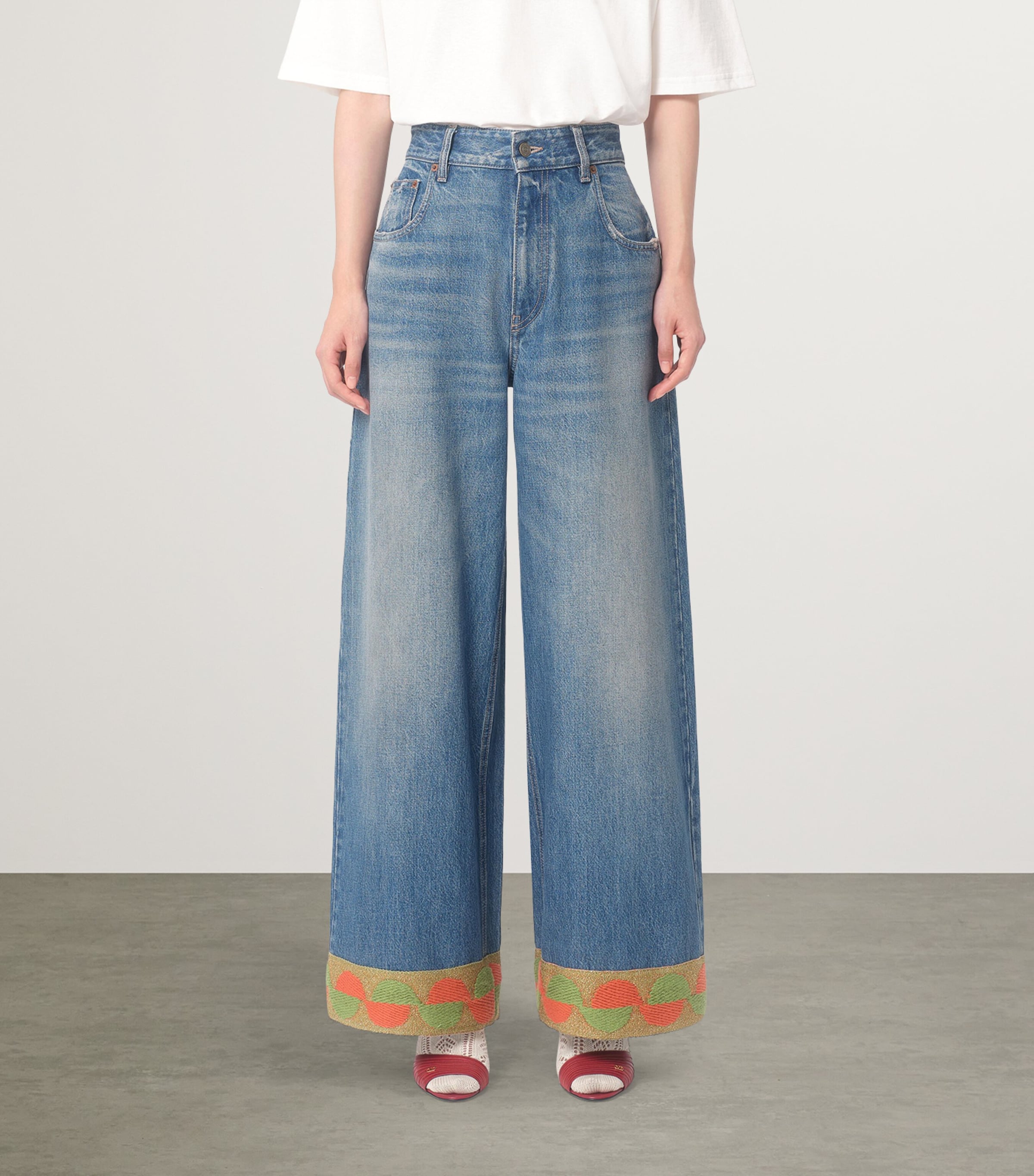 Valentino Blue Decorated-Trim Wide-Leg Jeans