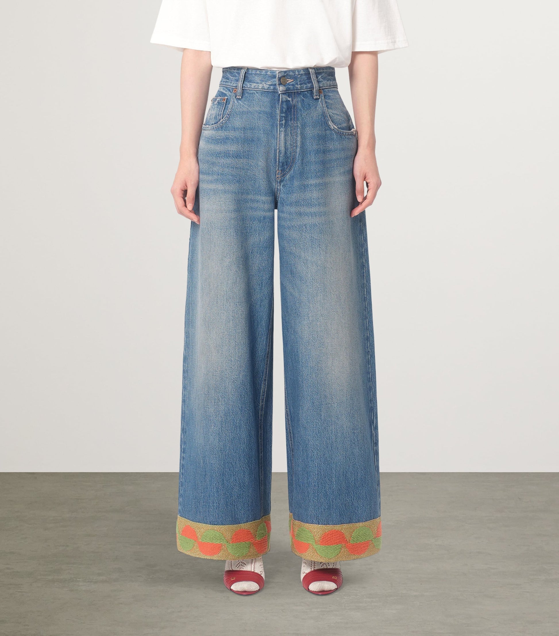 Valentino Blue Decorated-Trim Wide-Leg Jeans