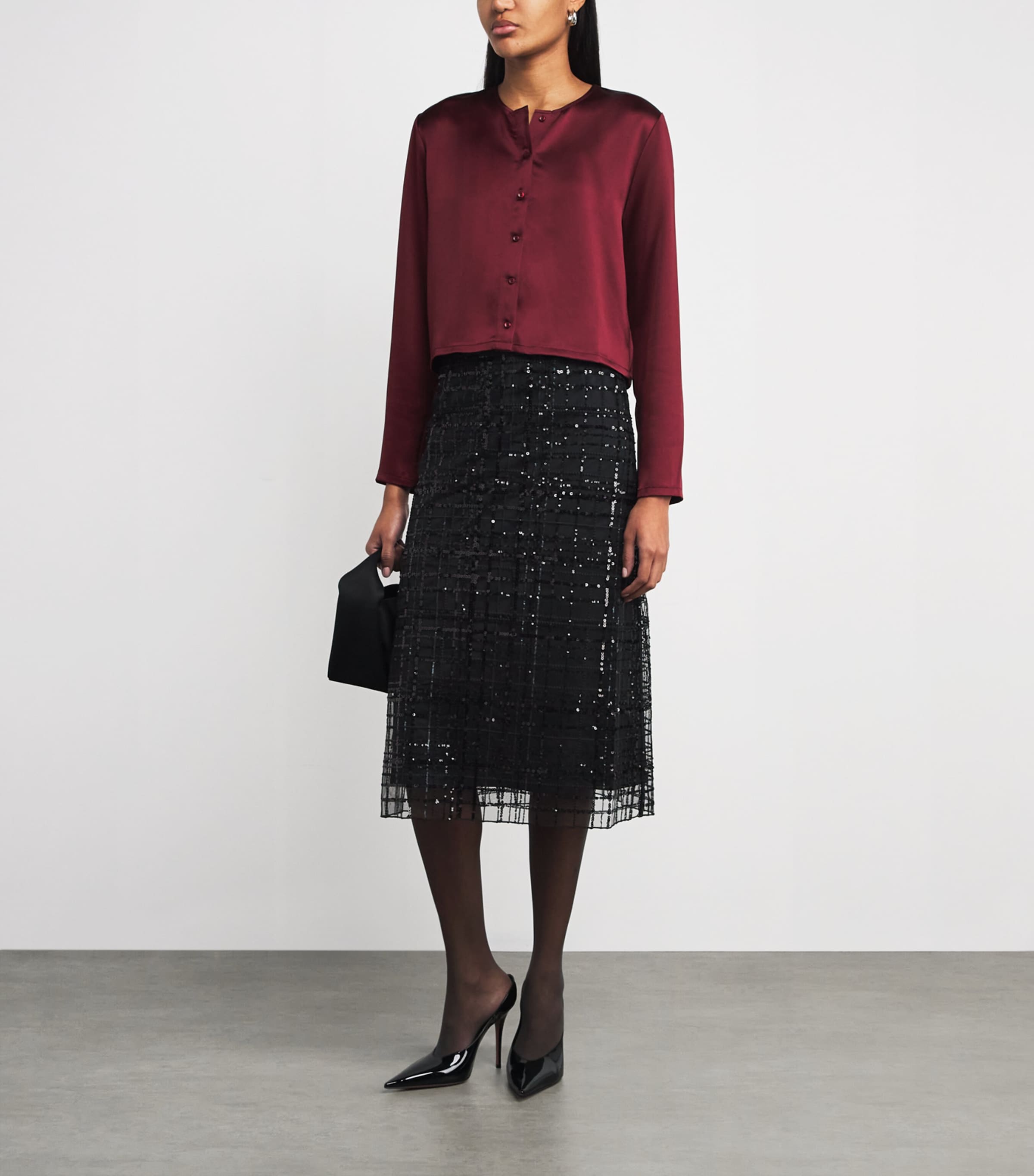 MAX&Co. Black Sequin Check Midi Skirt