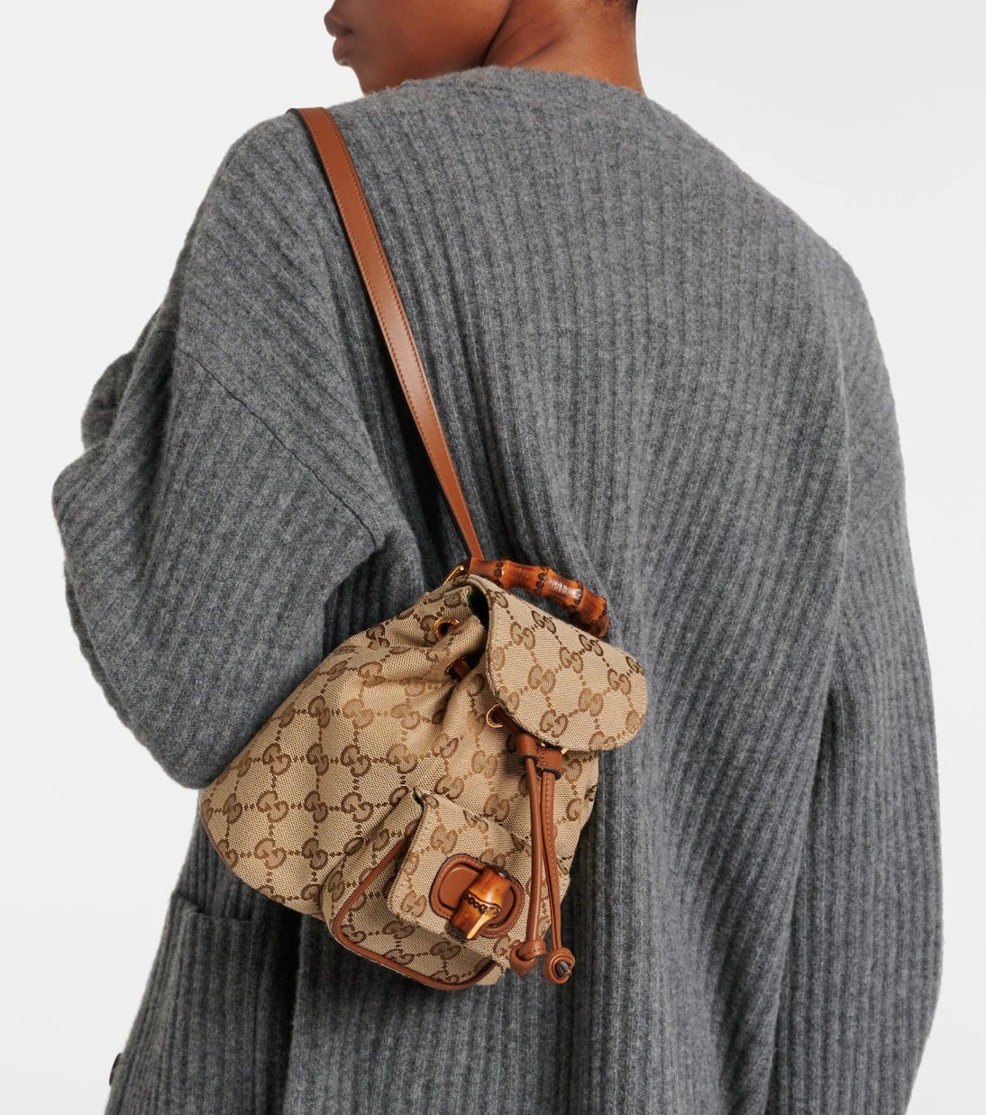 Gucci - Bamboo Orta boy deri detaylı kanvas sırt çantası