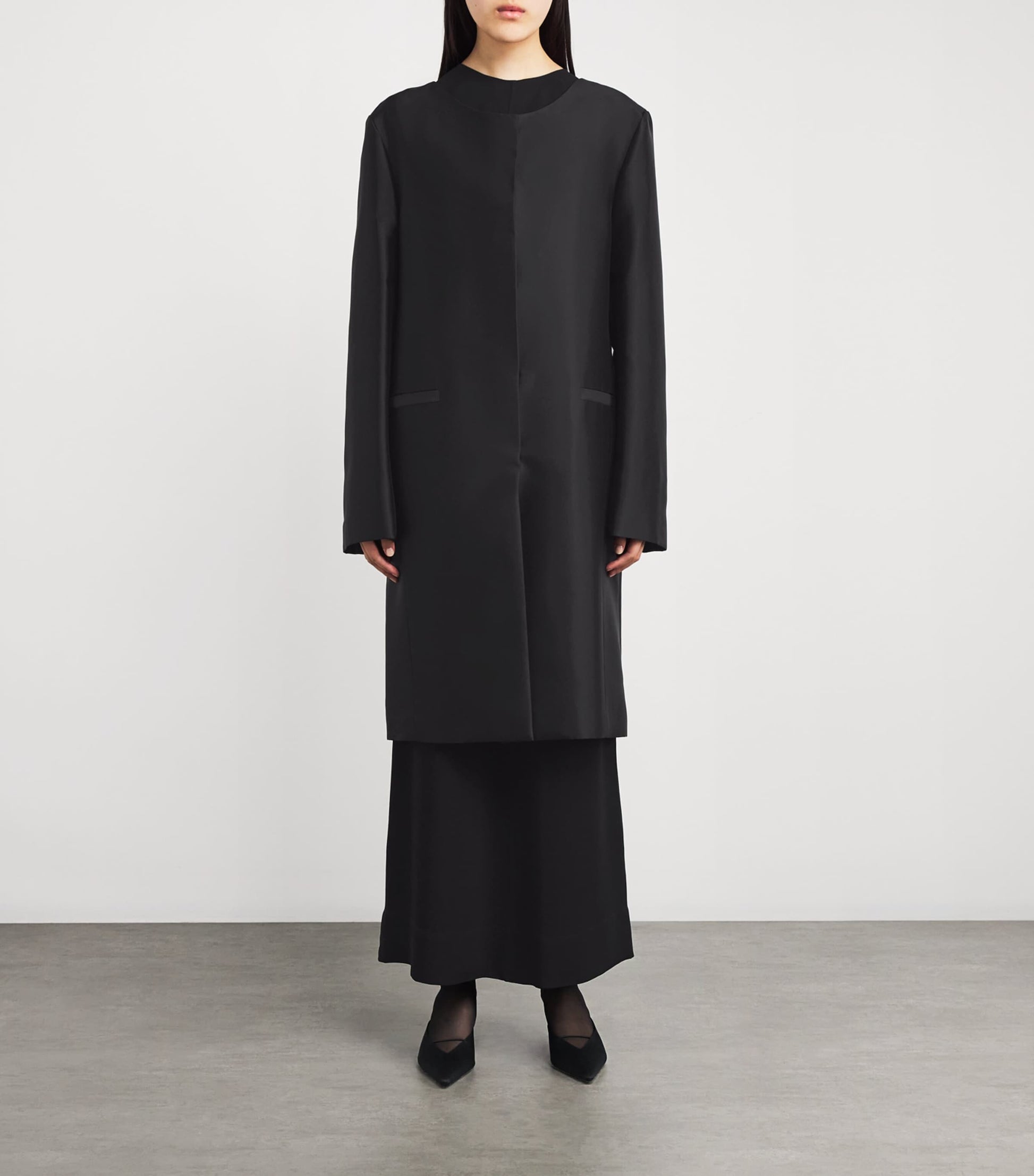 Toteme Black Silk Collarless Midi Coat