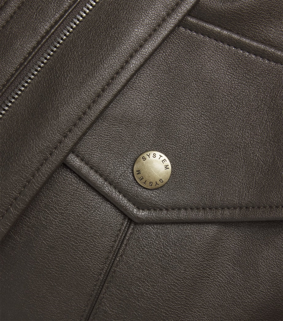 System Brown Faux Leather Bomber Jacket