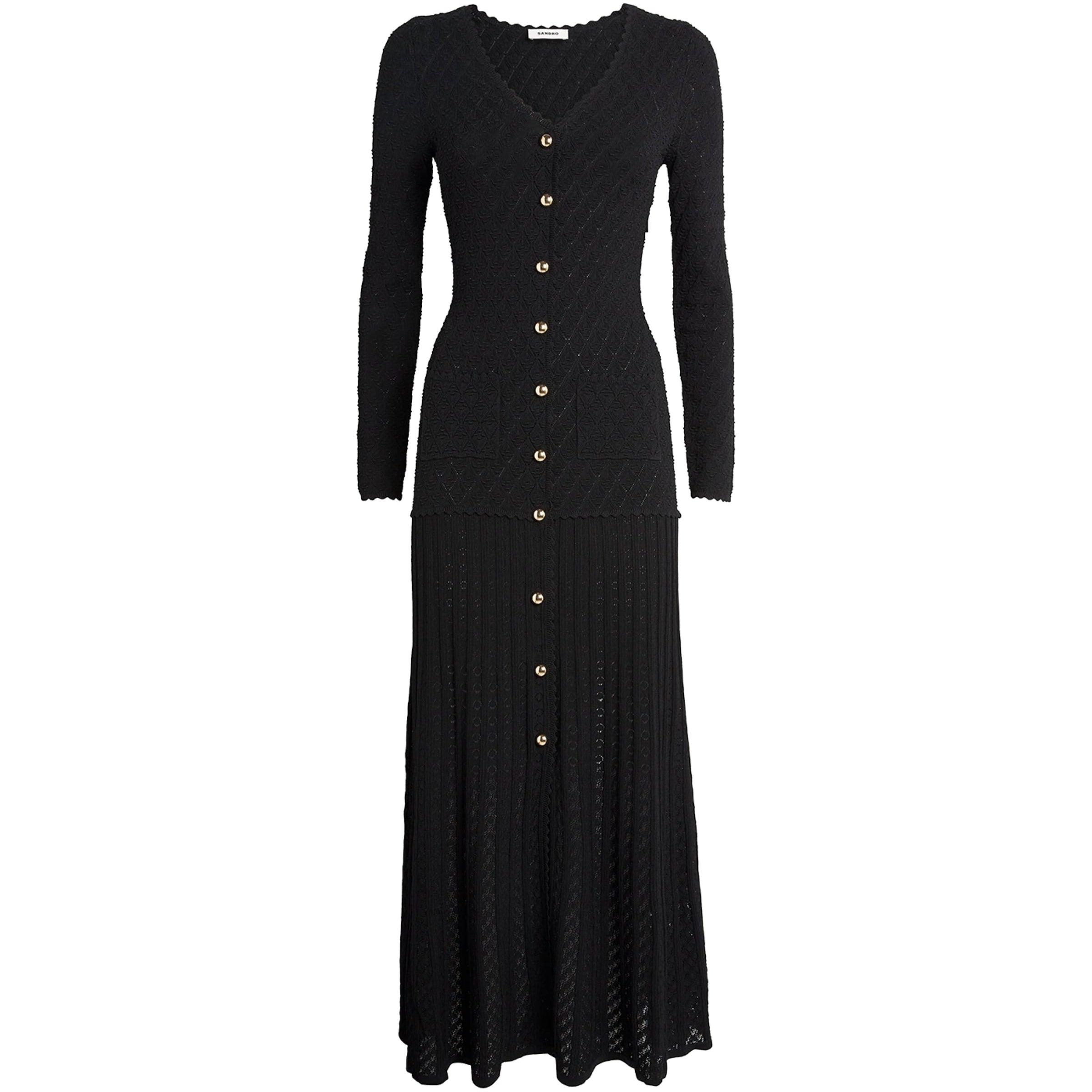 Black Knit V-Neck Midi Dress