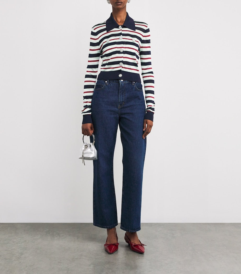 Self-Portrait Blue Crystal-Embellished Stripe Cardigan