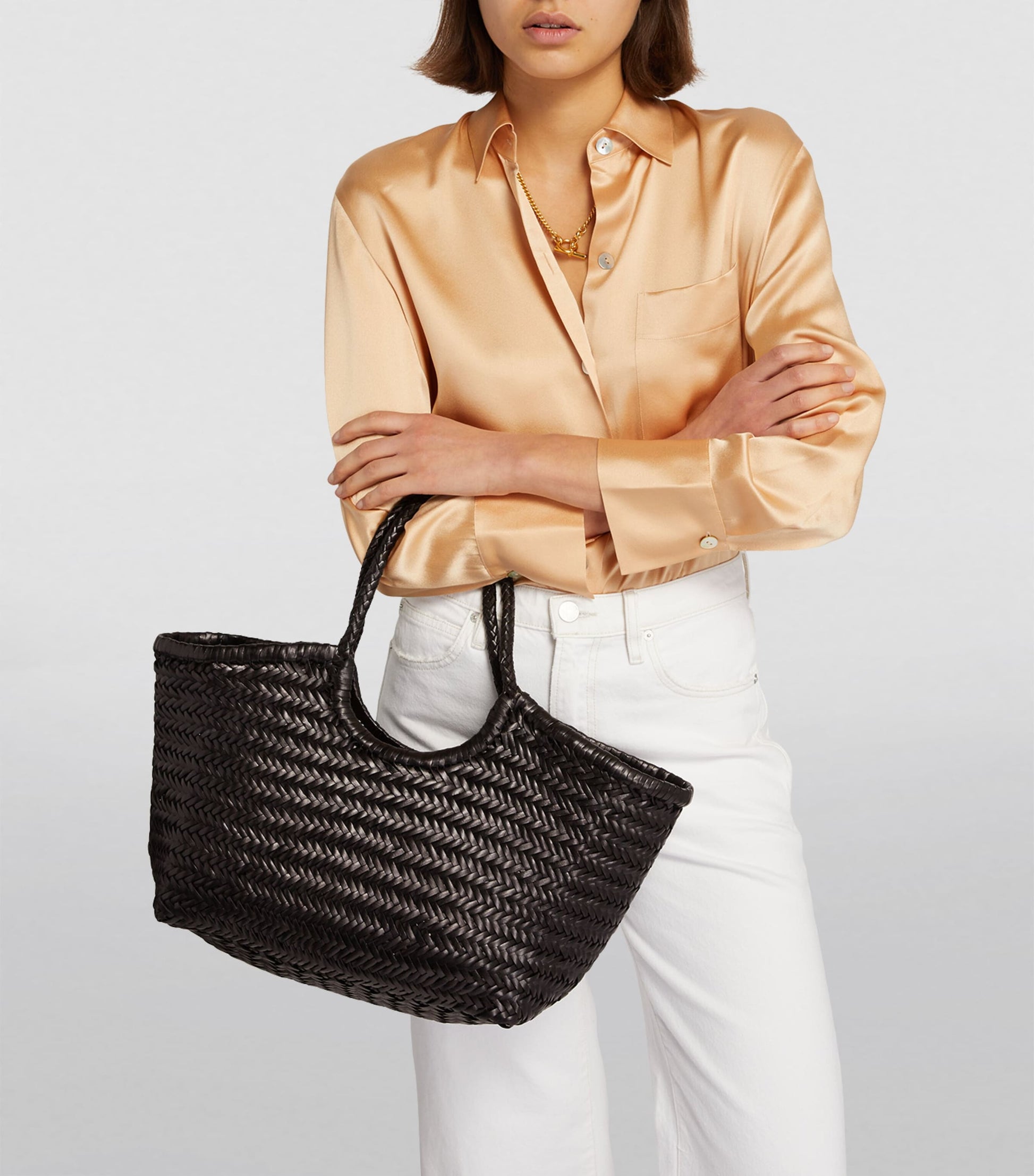 Black Large Leather Woven Nantucket Tote Bag